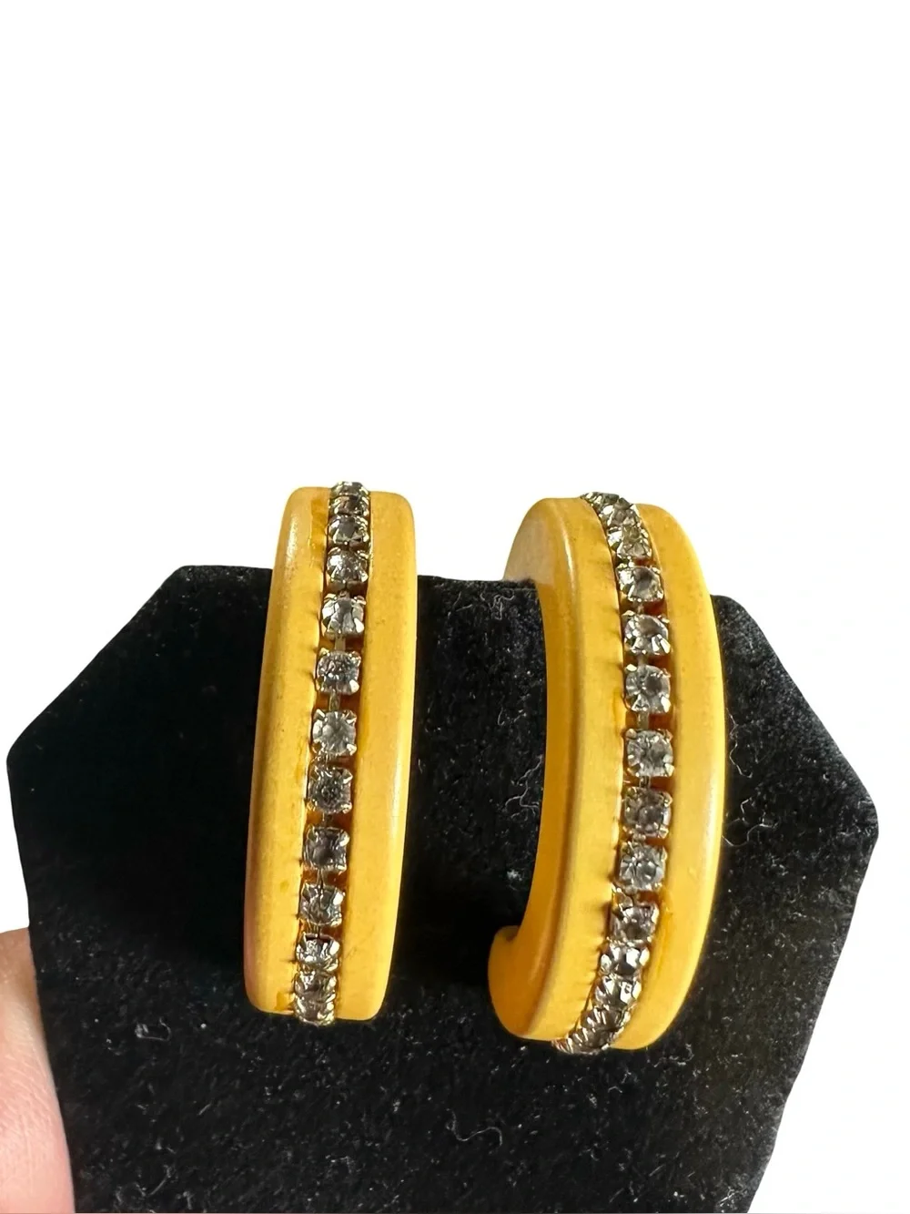 Vtg Bakelite Chunky Butterscotch Rhinestone Hoop Clip On Earrings Simichrome 15g